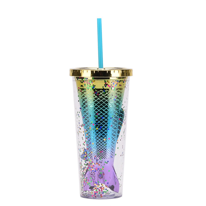Wholesale Double-layer Plastic Cup Creative Gradient Mermaid Tail Colorful Sequin Straw Water Cup JDC-CUP-MaiG005