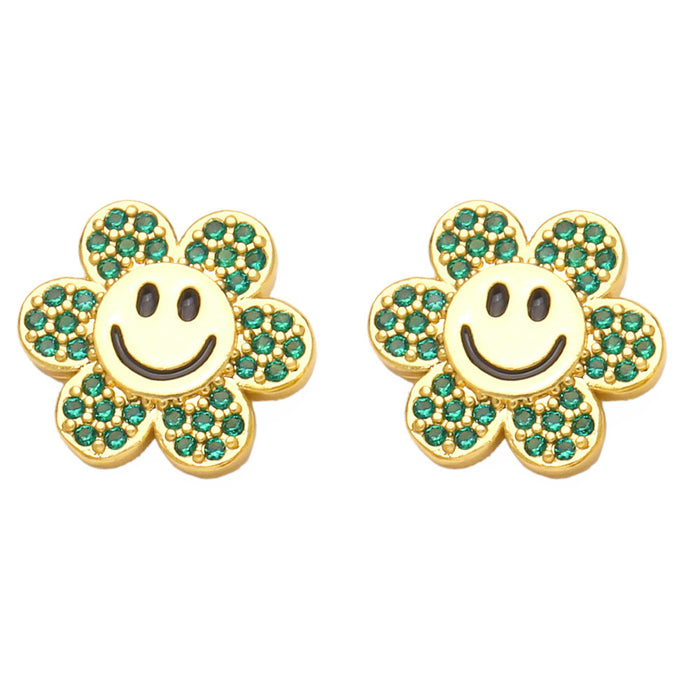 Wholesale Earrings Copper Plated 18K Gold Zircon Flower Smiley JDC-PREMAS-ES-018