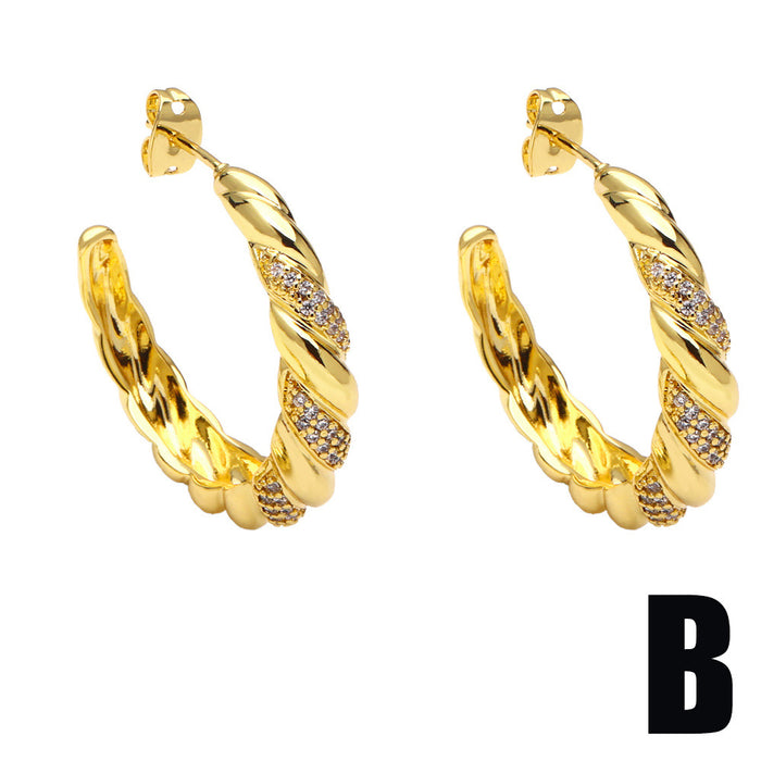 Wholesale Earrings Copper Plated 18K Gold Zircon C Shape JDC-PREMAS-ES-023