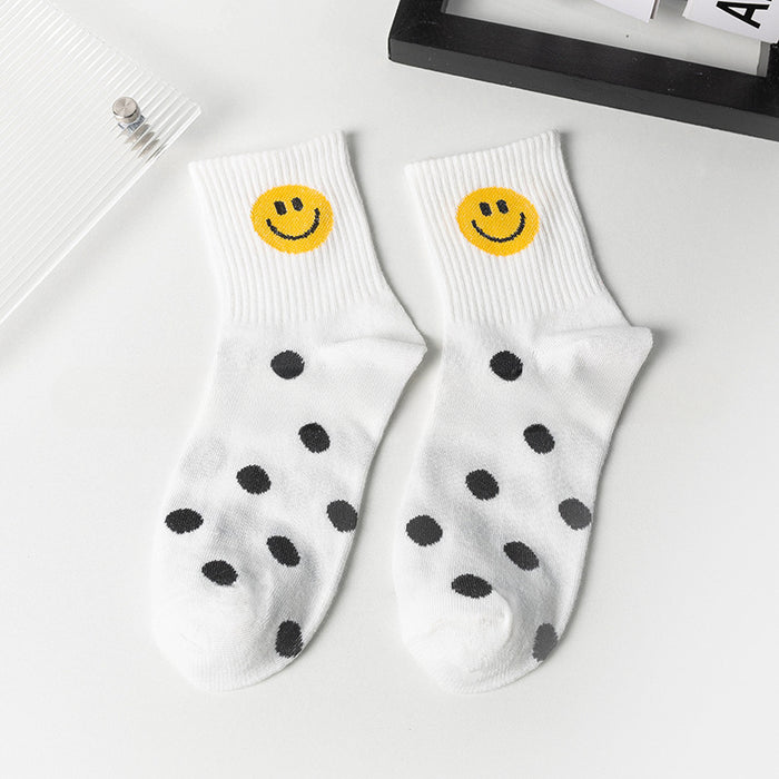 Wholesale of 10pcs Black and White Striped Cartoon Smiling Face Cotton Mid Length Socks JDC-SK-Miqi001