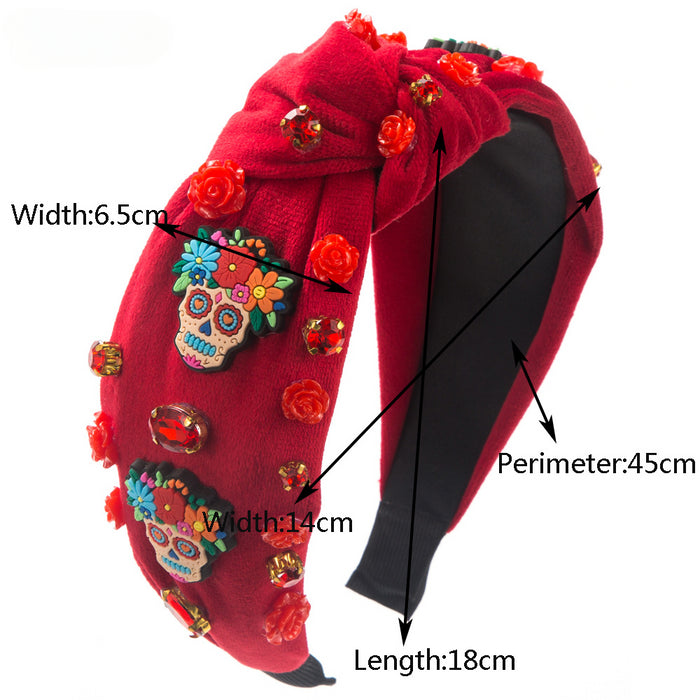 Wholesale Halloween Velvet Cartoon Skull 3D Rose Fabric Wide Brim Headband JDC-HD-HM030