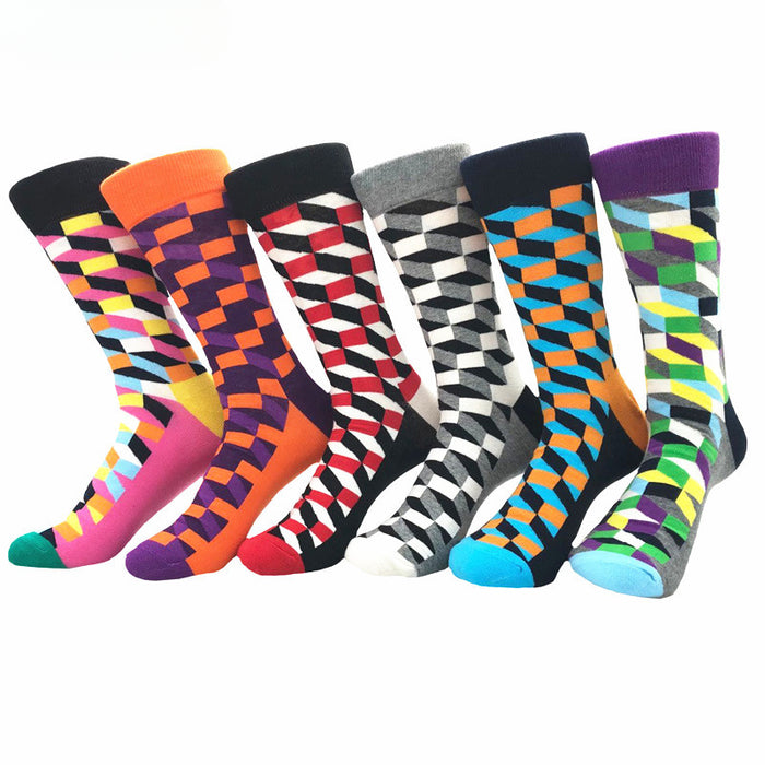 Wholesale Trendy Striped Diamond Personality Geometric Men's Socks Long Tube Colored Cotton Socks Contrast Color Haapy Socks JDC-SK-CG009