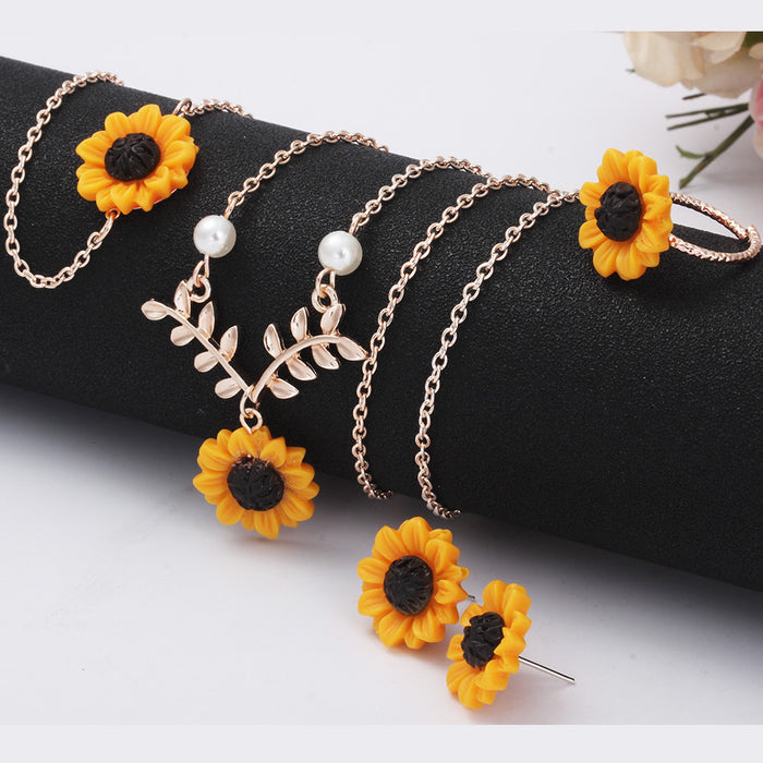 Wholesale Jewelry Creative Sunflower Necklace Sunflower Earrings Flower Bracelet Set of Four