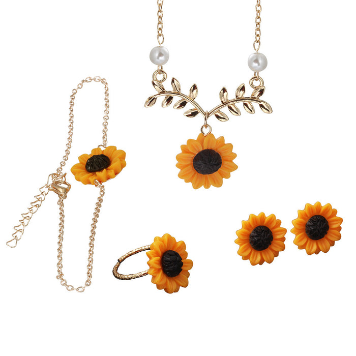 Wholesale Jewelry Creative Sunflower Necklace Sunflower Earrings Flower Bracelet Set of Four