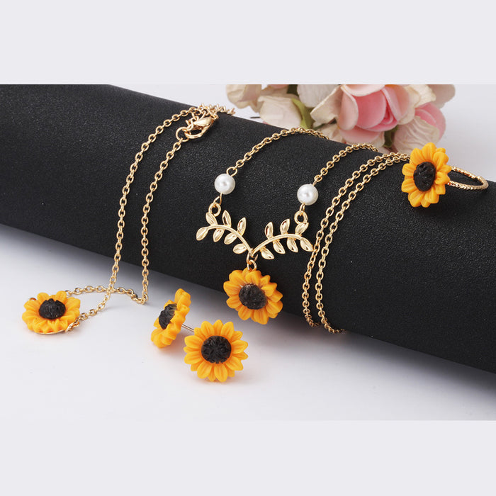 Wholesale Jewelry Creative Sunflower Necklace Sunflower Earrings Flower Bracelet Set of Four