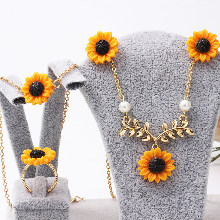 Wholesale Jewelry Creative Sunflower Necklace Sunflower Earrings Flower Bracelet Set of Four