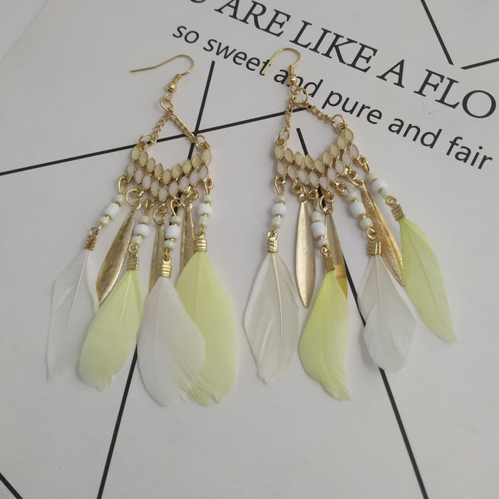 Wholesale Feather Tassel Earrings Bohemian Vintage Rice Beads Oil Drop Long Earrings