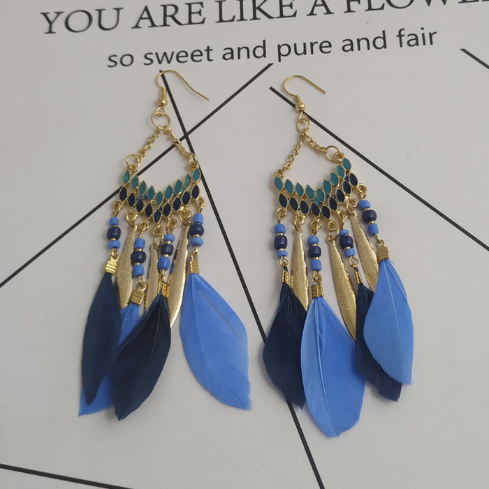 Wholesale Feather Tassel Earrings Bohemian Vintage Rice Beads Oil Drop Long Earrings