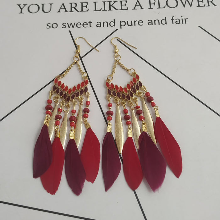 Wholesale Feather Tassel Earrings Bohemian Vintage Rice Beads Oil Drop Long Earrings