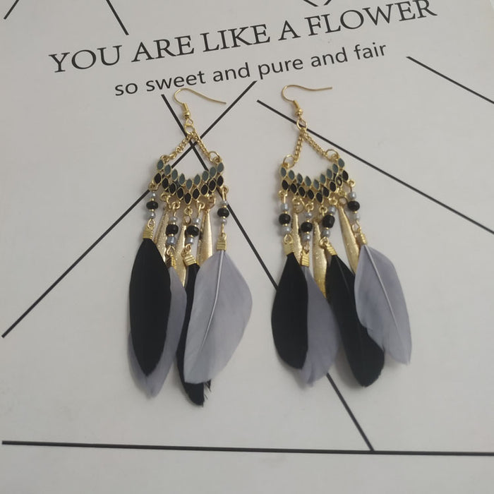 Wholesale Feather Tassel Earrings Bohemian Vintage Rice Beads Oil Drop Long Earrings
