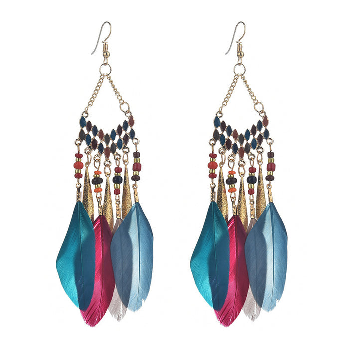 Wholesale Feather Tassel Earrings Bohemian Vintage Rice Beads Oil Drop Long Earrings