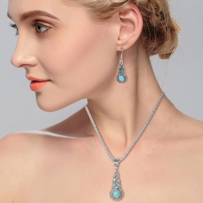 Wholesale Retro Blue Crystal Turquoise Gourd Necklace Earrings
