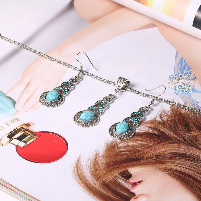 Wholesale Retro Blue Crystal Turquoise Gourd Necklace Earrings
