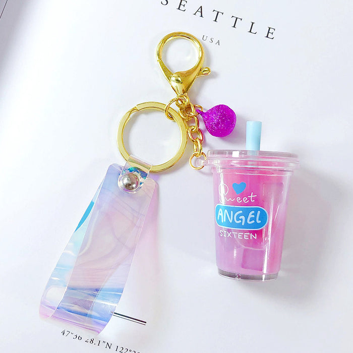 Wholesale Creative Cartoon Acrylic Milk Tea Cup Flowing Sand Keychain Cute Creative Accessories Bag Pendant
