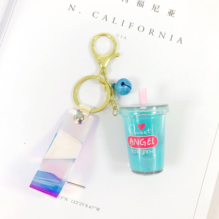 Wholesale Creative Cartoon Acrylic Milk Tea Cup Flowing Sand Keychain Cute Creative Accessories Bag Pendant