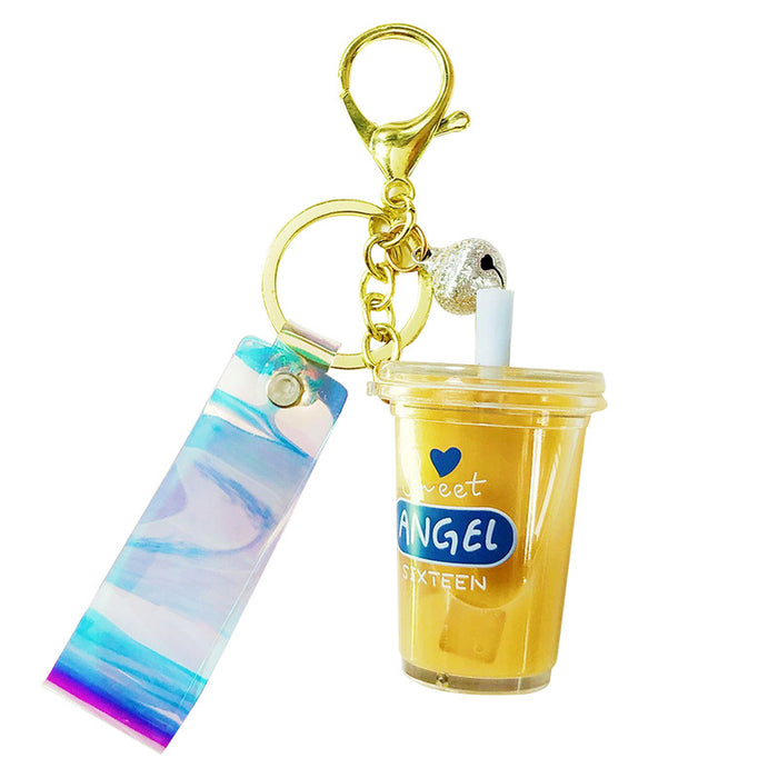 Wholesale Creative Cartoon Acrylic Milk Tea Cup Flowing Sand Keychain Cute Creative Accessories Bag Pendant