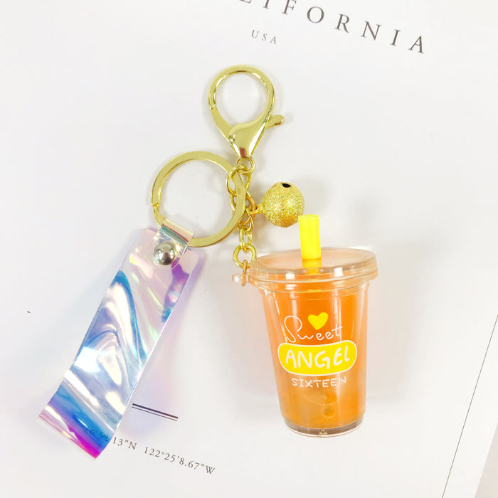 Wholesale Creative Cartoon Acrylic Milk Tea Cup Flowing Sand Keychain Cute Creative Accessories Bag Pendant