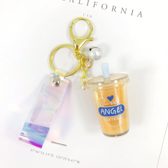 Wholesale Creative Cartoon Acrylic Milk Tea Cup Flowing Sand Keychain Cute Creative Accessories Bag Pendant