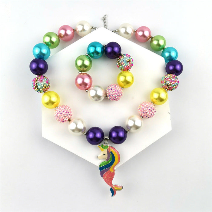 Wholesale Mermaid Pearl Unicorn Kids Necklace Set JDC-NE-ShengXi002