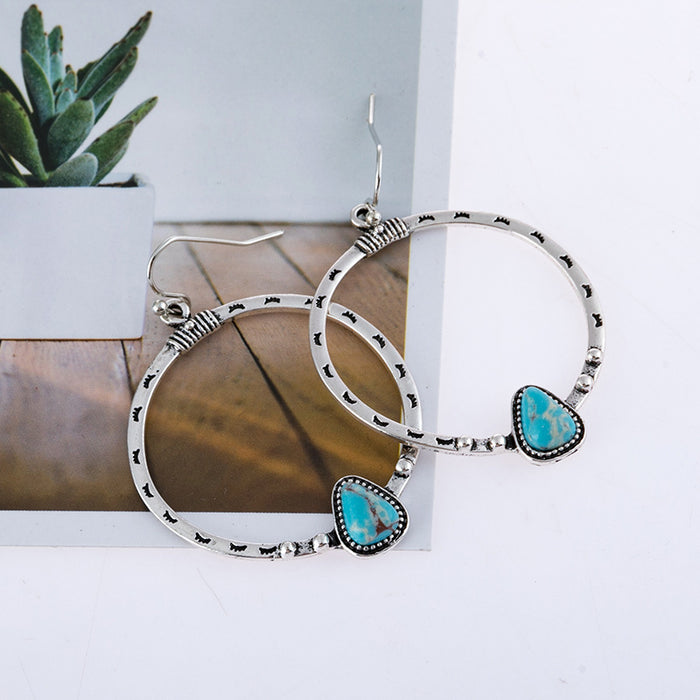 Wholesale Simple retro silver turquoise earrings with creative triangular turquoise large circle earrings
