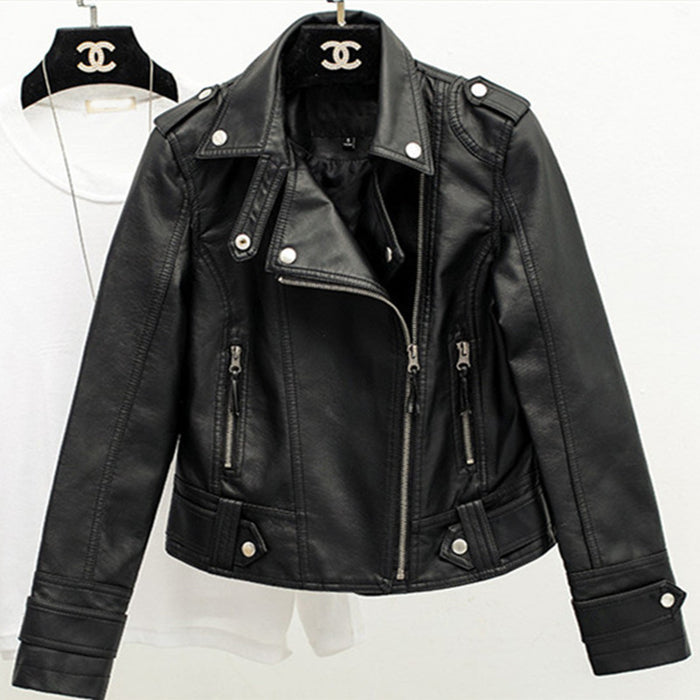 Wholesale New Slim Fit Lapel Leather Jacket Women's Short Jacket Women's PU Jacket Motorcycle Suit Women's Clothing JDC-CTS-ZX007