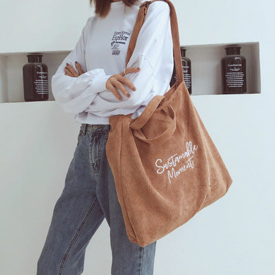 Wholesale Fashion Corduroy Women's Bag New Artistic Embroidery Letter Tote Bag Academy Style Single Shoulder JDC-SD-SS004