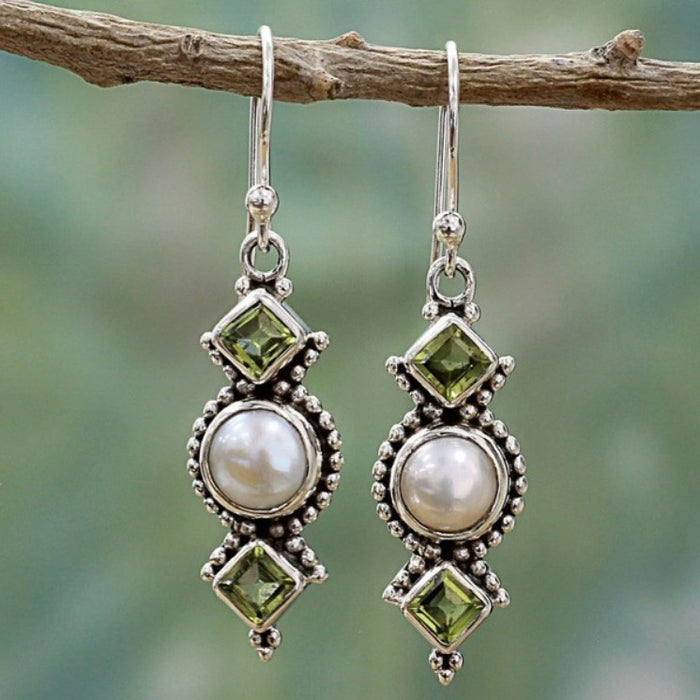 Wholesale Vintage Thai Silver Pearl Earrings Creative Square Diamond Olive Green Long Earrings