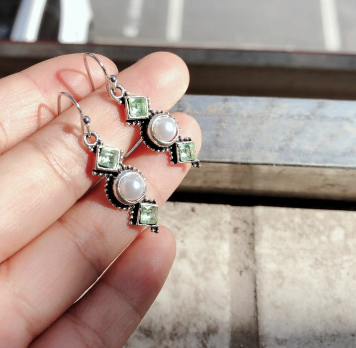 Wholesale Vintage Thai Silver Pearl Earrings Creative Square Diamond Olive Green Long Earrings
