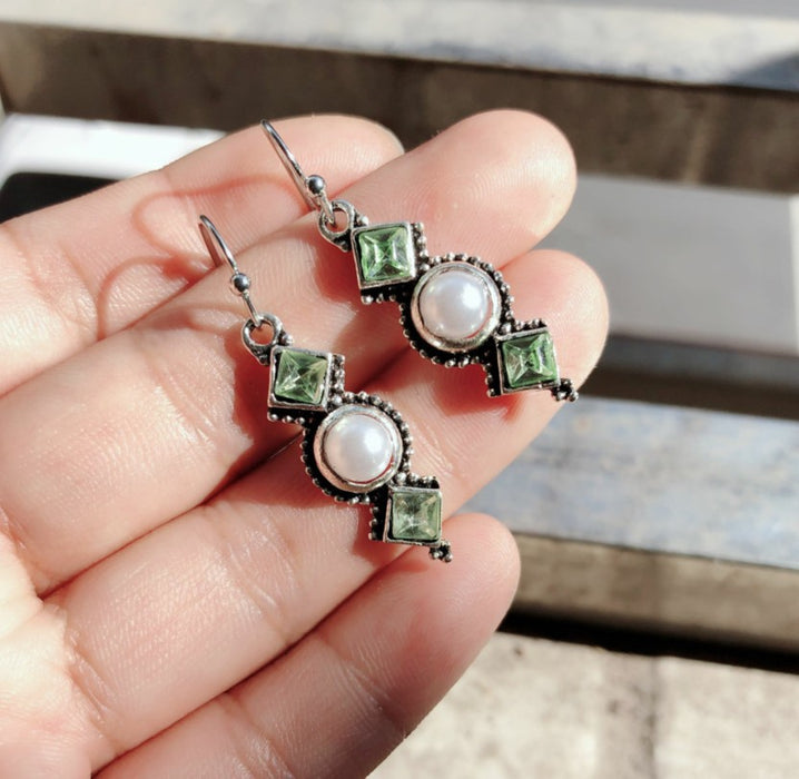 Wholesale Vintage Thai Silver Pearl Earrings Creative Square Diamond Olive Green Long Earrings