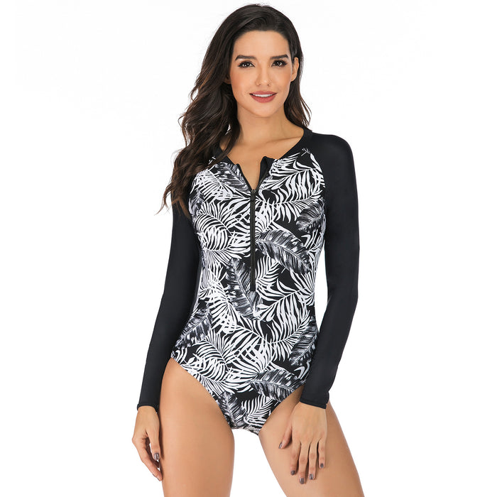 Wholesale Long sleeved surfing suit, zipper one-piece swimsuit, printed swimsuit