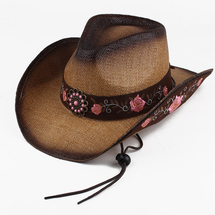 Wholesale Summer Straw Cowboy Hat Embroidery Breathable Sunshade JDC-FH-DG012