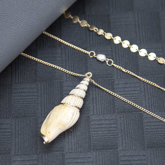 Wholesale sequin clavicle chain inlaid pearl large conch pendant necklace