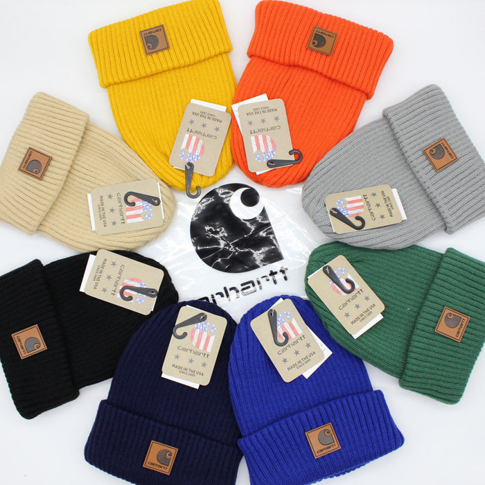 Wholesale Autumn and Winter Striped Leather Label Warm Wool Ear Hat JDC-FH-QingCL014