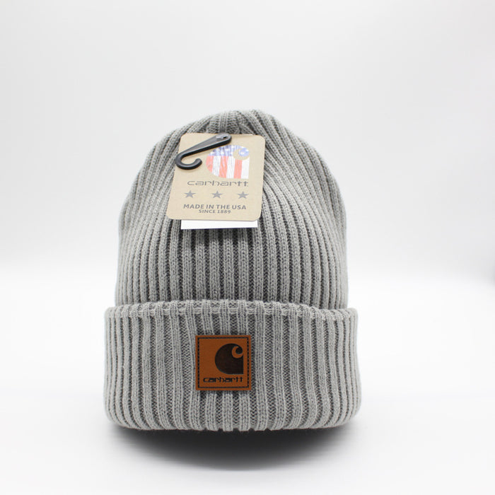 Wholesale Autumn and Winter Striped Leather Label Warm Wool Ear Hat JDC-FH-QingCL014