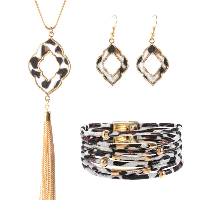 Wholesale leopard print magnet clasp bracelet necklace earrings three-piece set MOQ≥10 JDC-NE-HH003