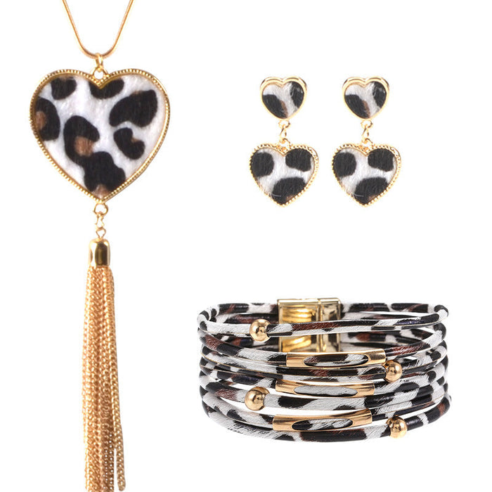 Wholesale leopard print magnet clasp bracelet necklace earrings three-piece set MOQ≥10 JDC-NE-HH003
