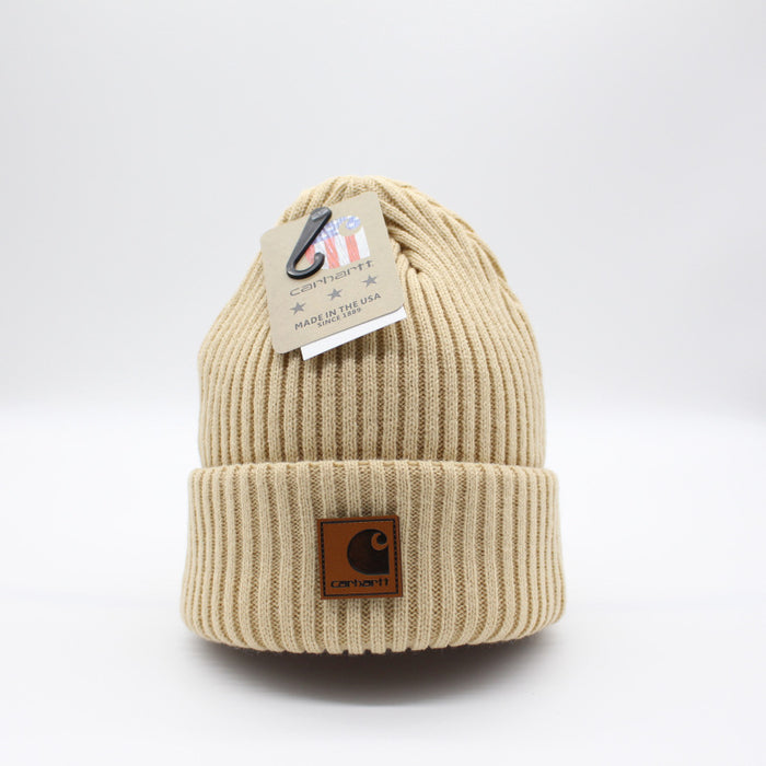 Wholesale Autumn and Winter Striped Leather Label Warm Wool Ear Hat JDC-FH-QingCL014