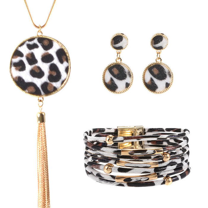Wholesale leopard print magnet clasp bracelet necklace earrings three-piece set MOQ≥10 JDC-NE-HH003