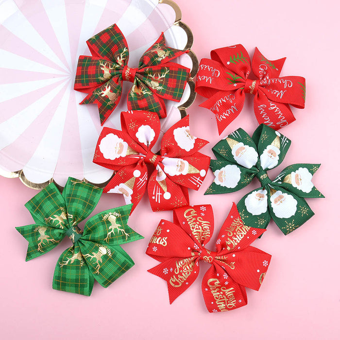 Wholesale Polyester Children's Printed Dovetail Six-ear Bow Christmas Elk Hairpin JDC-HC-Xiane014