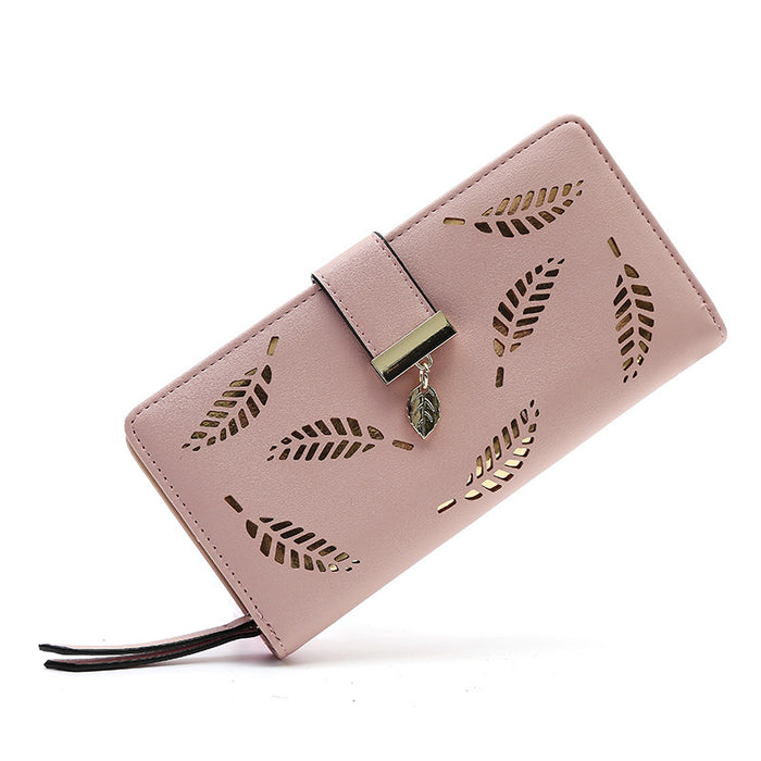 Wholesale Women's Long Hand-held Bag with Hollow Leaf Zipper Buckle Wallet JDC-WT-PJ001