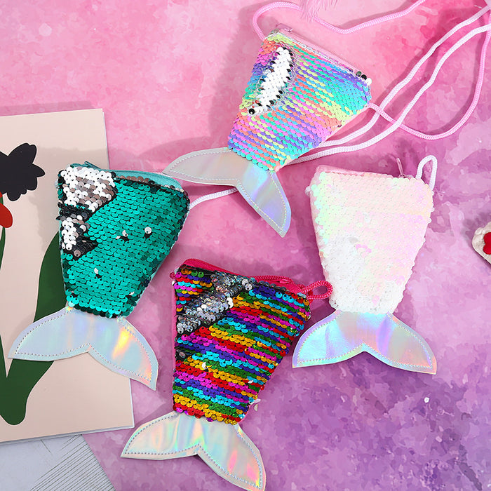 Wholesale Children' s wallet fish tail sequins lanyard coin purse girl mermaid diagonal coin bag small wallet