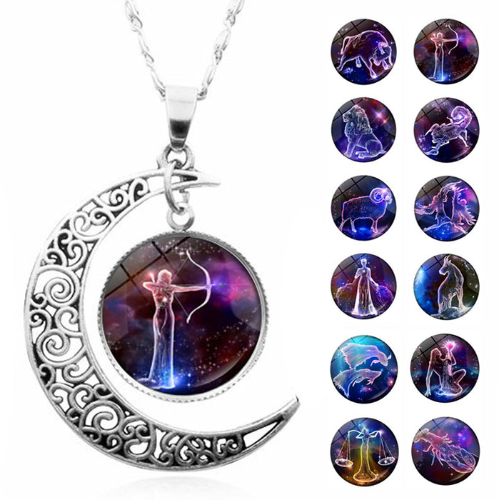 Wholesale Twelve constellation Time gem necklace silver moon pendant  sweater chain