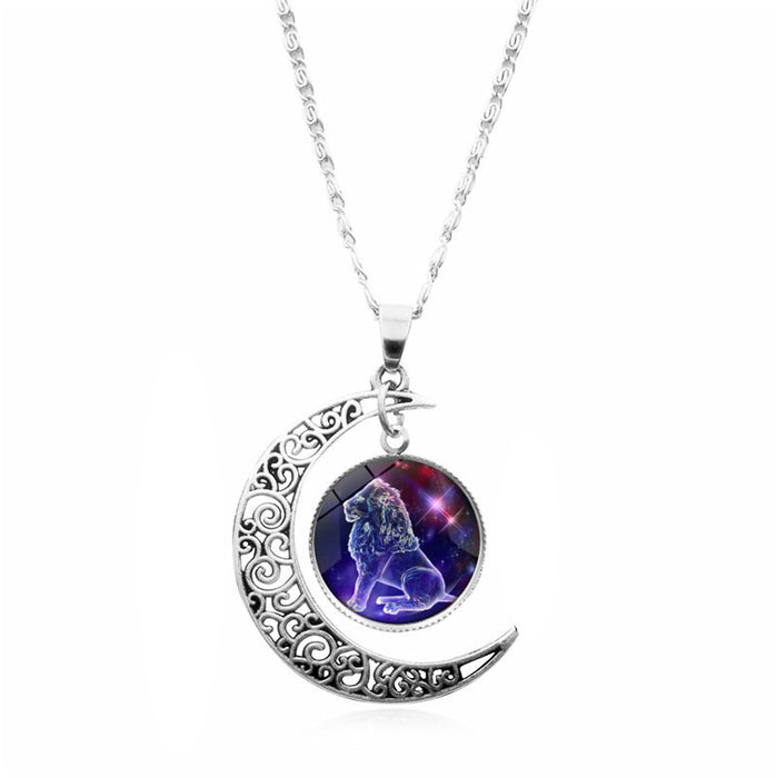 Wholesale Twelve constellation Time gem necklace silver moon pendant  sweater chain