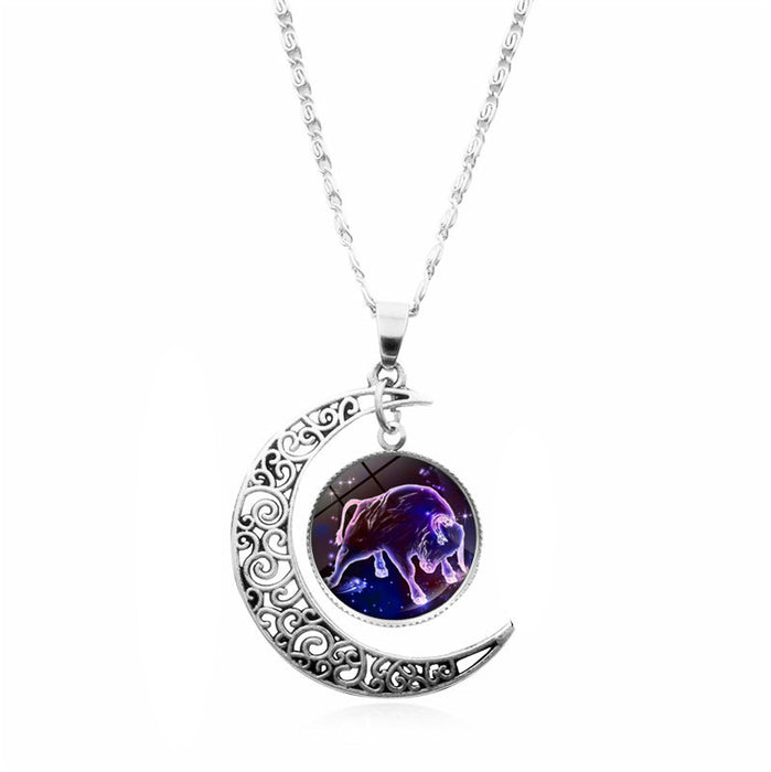 Wholesale Twelve constellation Time gem necklace silver moon pendant  sweater chain