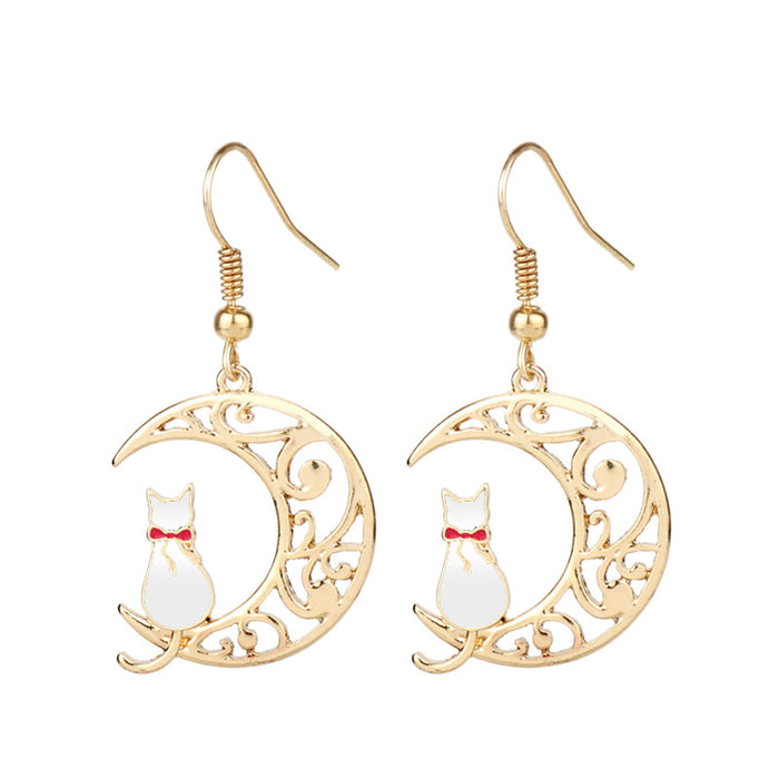 Wholesale Hollow Moon Cute Kitten Oil Drop Earrings JDC-ES-HeYu001