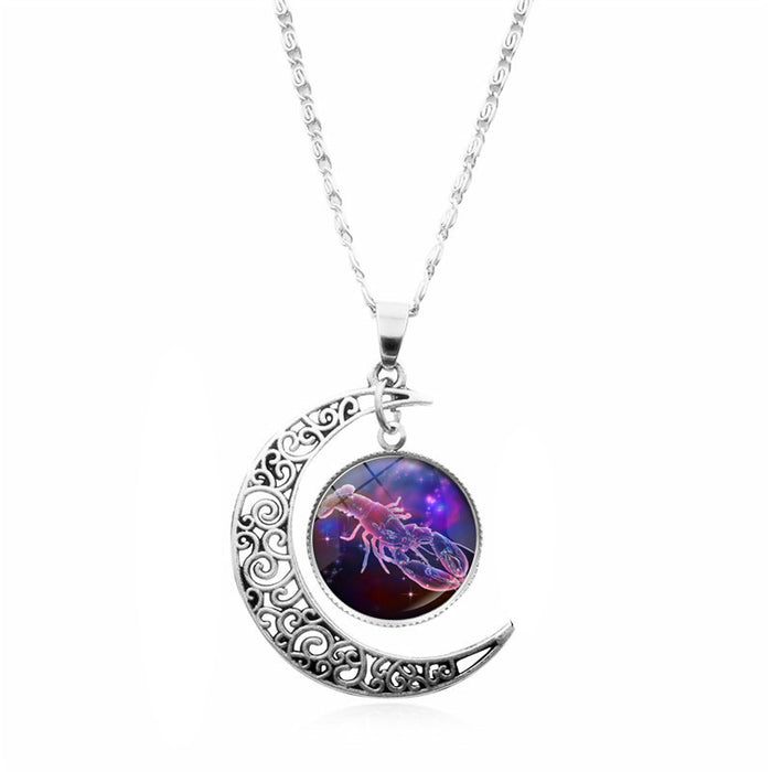 Wholesale Twelve constellation Time gem necklace silver moon pendant  sweater chain