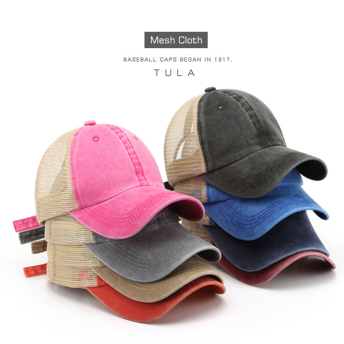 Wholesale Hat washed cotton denim mesh hat, fashionable thin design, breathable, sunscreen, sun shading beach baseball cap