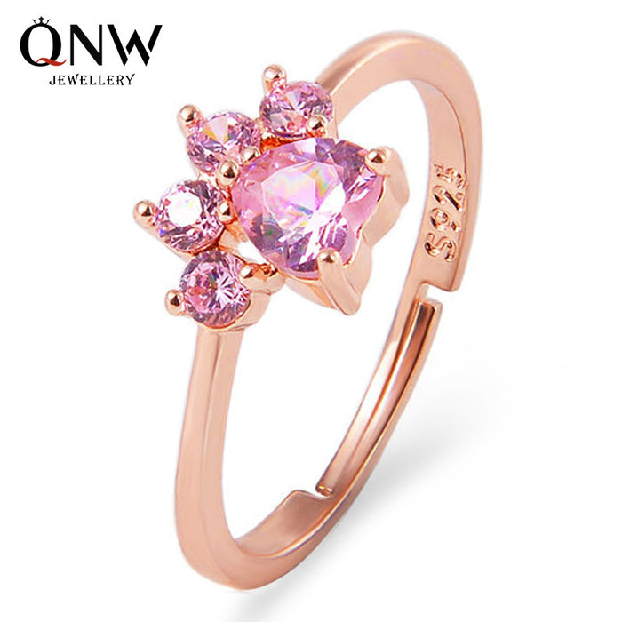 Wholesale Cute cartoon opening adjustable cat paw cat footprint zircon ring electroplated silver animal copper jewelry