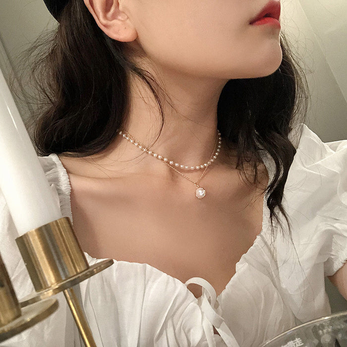 Wholesale Niche double-layer pearl pendant necklace with simple temperament, neckchain, collarbone chain