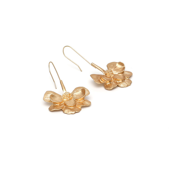 Wholesale Vintage long alloy flower earrings, simple and versatile, gold flower ear hooks and earrings